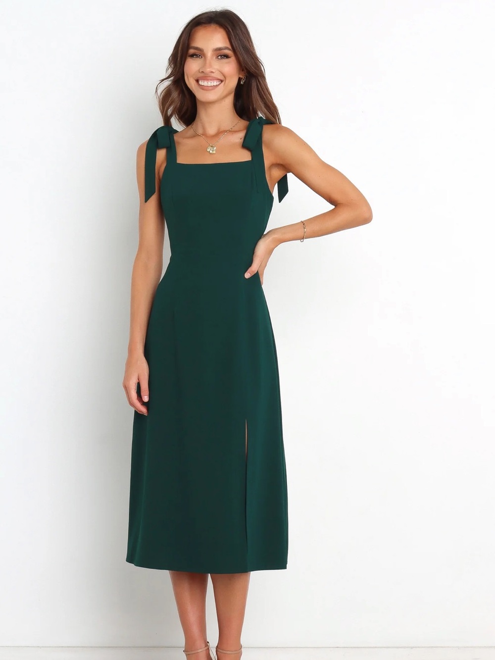 Petal & Pup Dark Green Tie-Shoulder Midi Dress